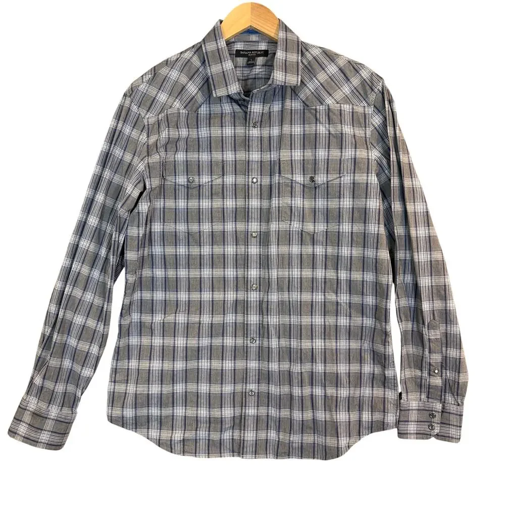 Banana Republic Slim Fit Blue Gray Plaid Check Western Shirt Peral Snap L Large